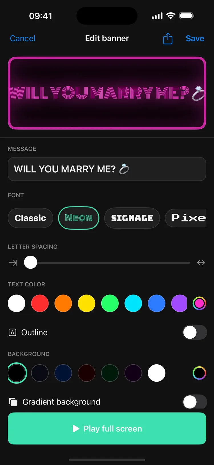 GlowText editor with a live pink banner preview, message field, font choices, colour controls, outline switch, and Play full screen button.