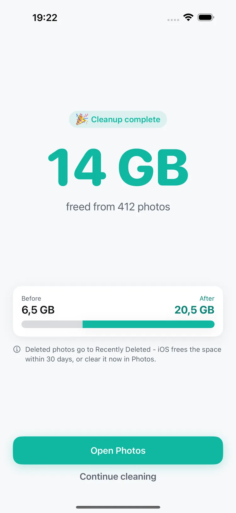 Rocco Cleaner cleanup summary showing 14 GB freed from 412 photos.