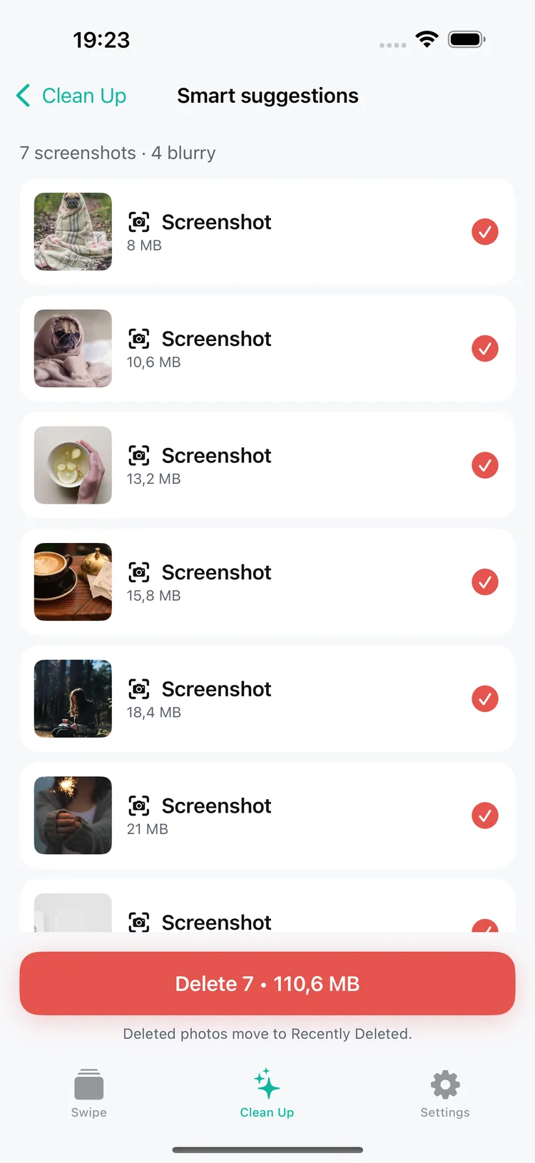 Smart suggestions in Rocco Cleaner: 7 screenshots and 4 blurry photos, with the screenshots selected for deletion.