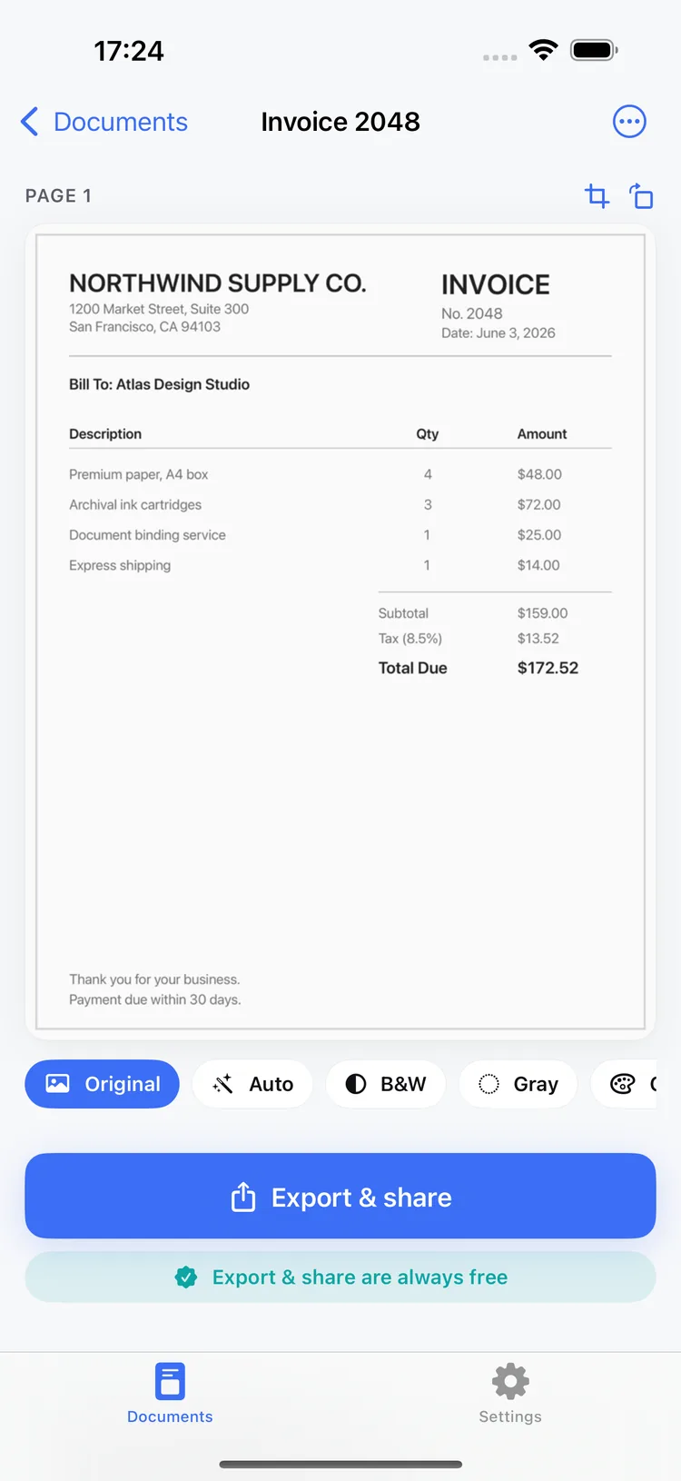 A scanned invoice in Scanmint with an Export and share button and a note that export is always free