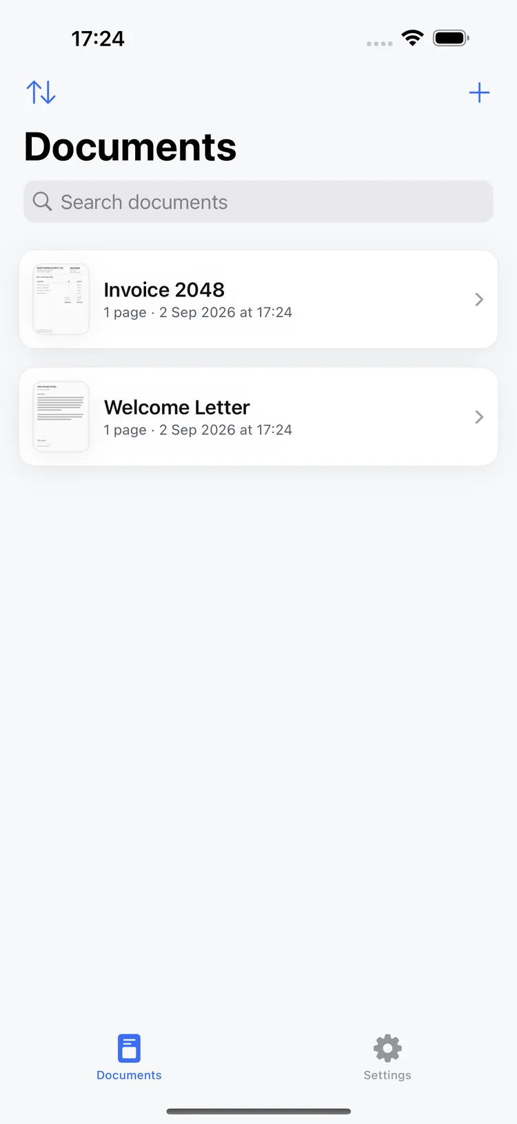 The Scanmint documents list with a scanned invoice and a letter, and a search field