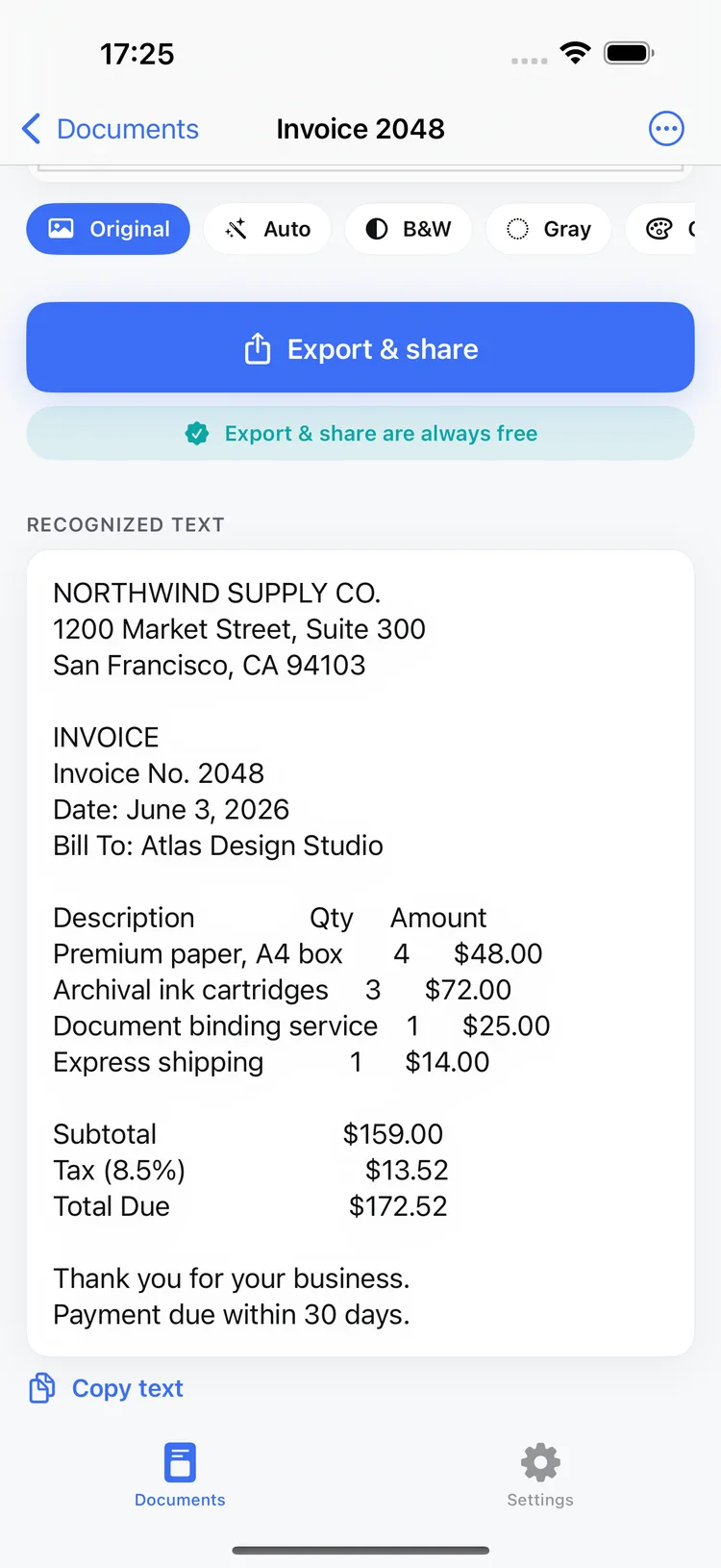 Scanmint showing the recognised text of an invoice with a Copy text button