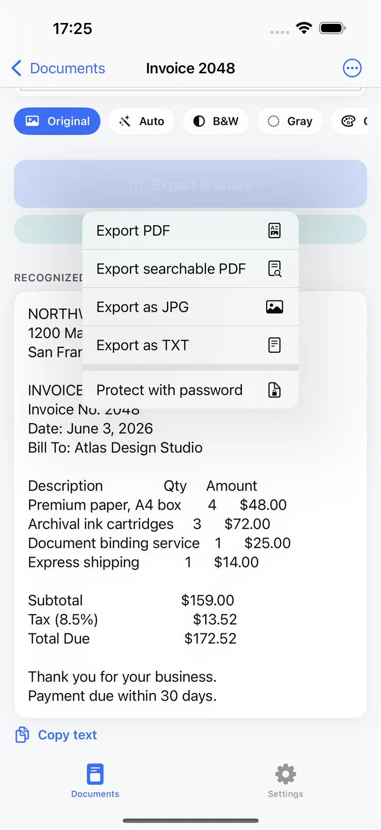 Scanmint's export menu open on a scanned invoice, listing Export PDF, Export searchable PDF, JPG and TXT