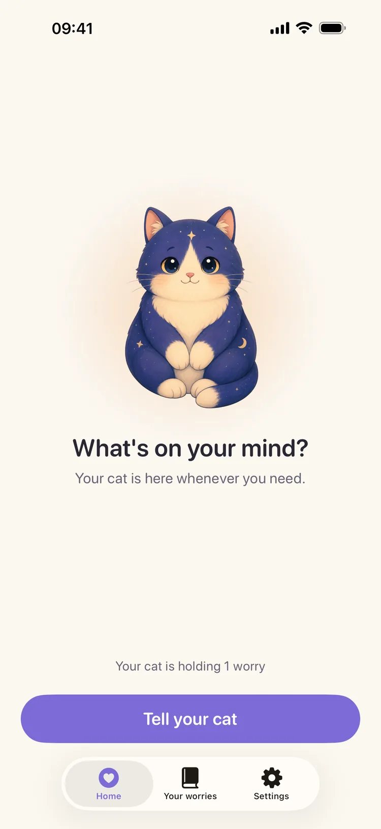 Worry Cat home screen with Mochi, one saved worry, and the Tell your cat button.