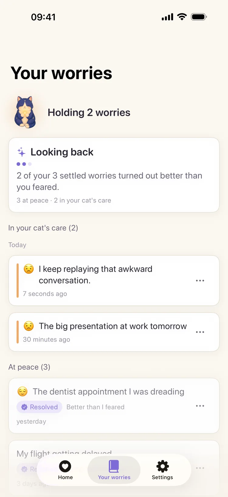 The Worry Cat journal showing that two of three settled worries turned out better than feared.