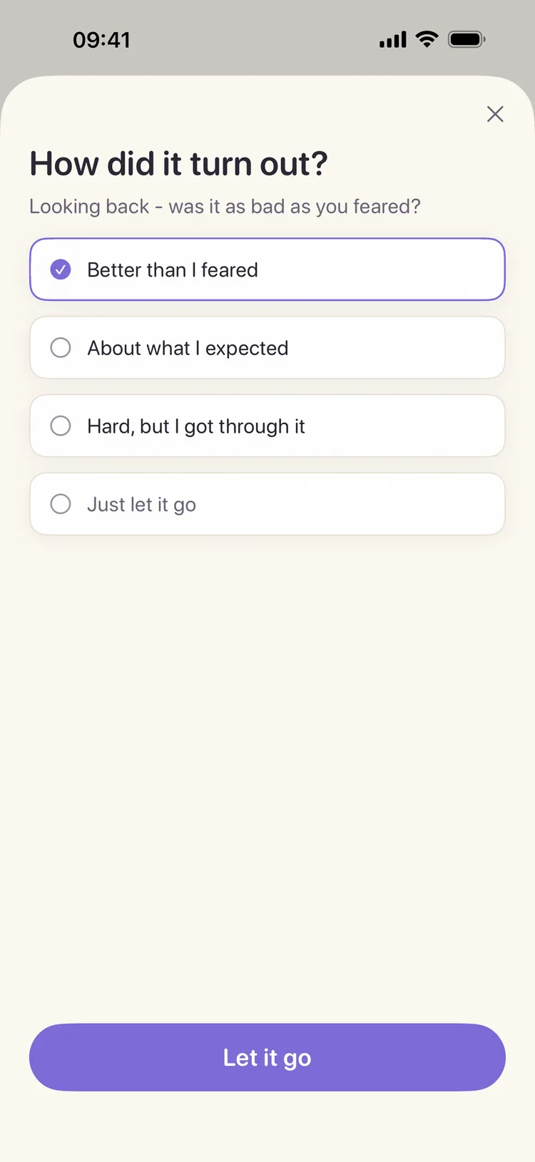 The settle-worry screen with Better than I feared selected.